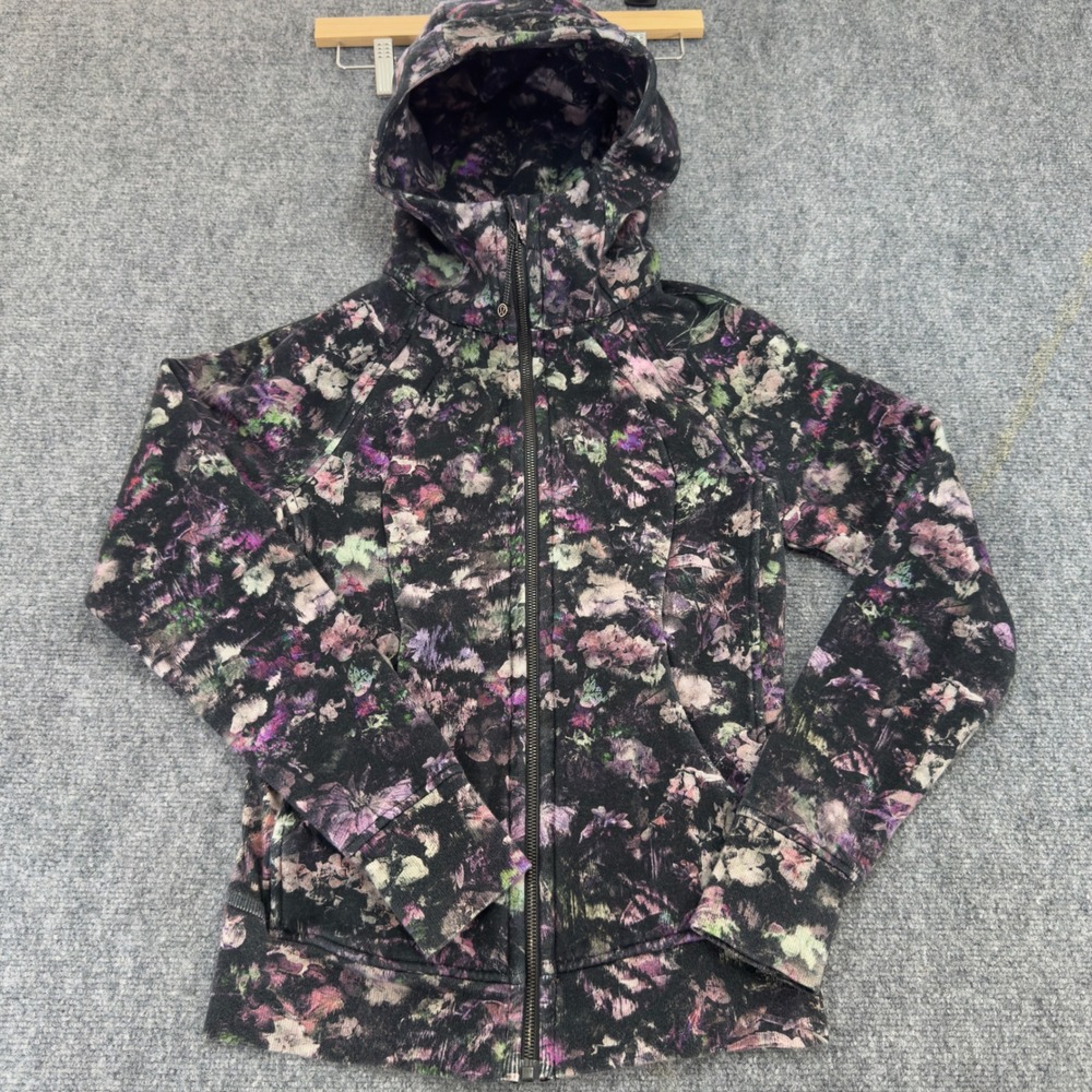 Lululemon Scuba Full Zip Hoodie Floral Print Black Purple Size 6